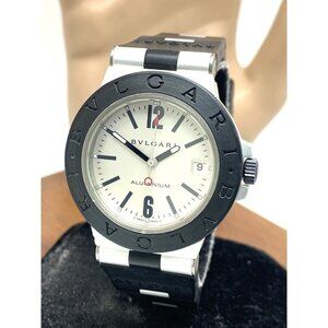 Bvlgari Men's Watch AL38A Aluminum Swiss Automatic Silver Dial Black Rubber 38mm